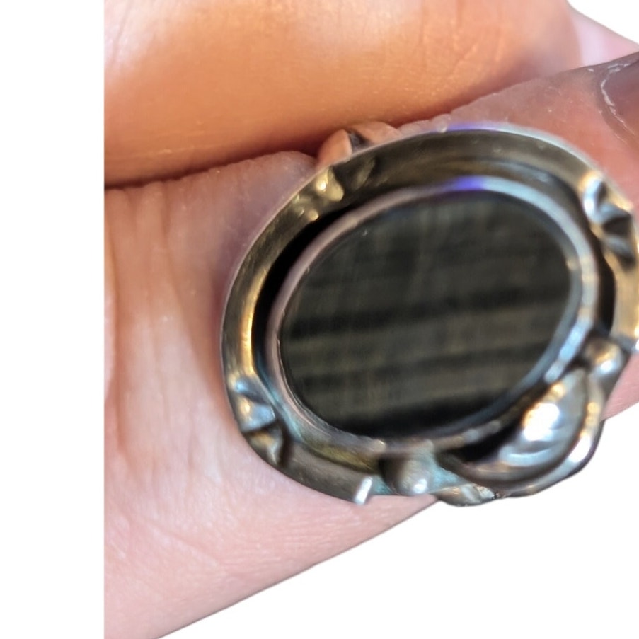 Vintage Signed GF15 Sterling Mexico Black Stone Native American Ring Size 6.5