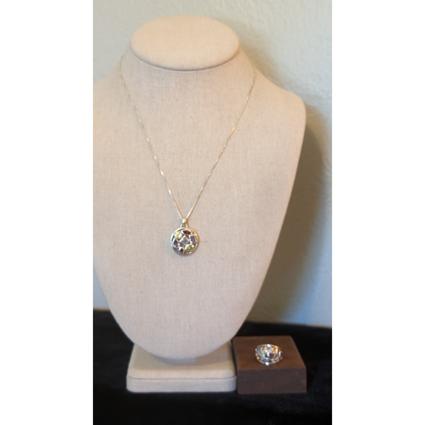 925 Sterling Silver Bezel Set Multi-Gemstone Necklace & Ring Set Ring Size 6