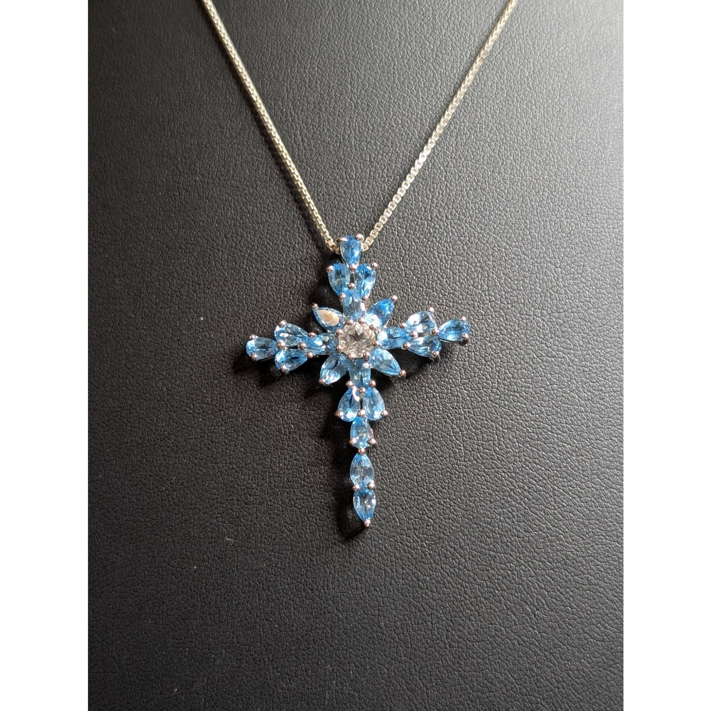 Swiss Blue Teardrop White Topaz Round Center Stone 925 Sterling Cross Necklace