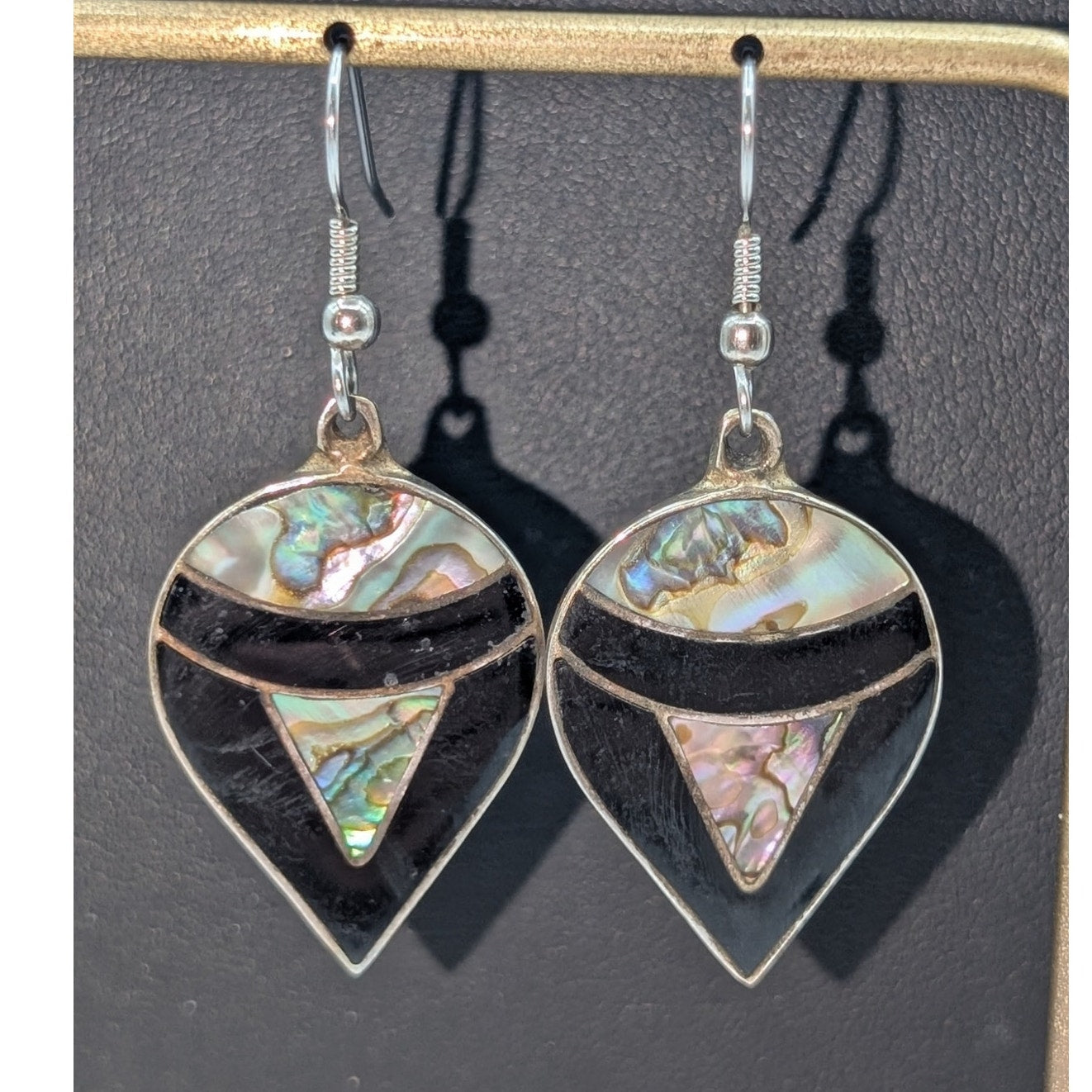 Vintage Alpaca Mexico Teardrop Abalone Onyx Inlay Dangle Earrings