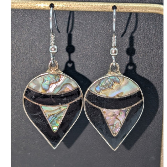 Vintage Alpaca Mexico Teardrop Abalone Onyx Inlay Dangle Earrings