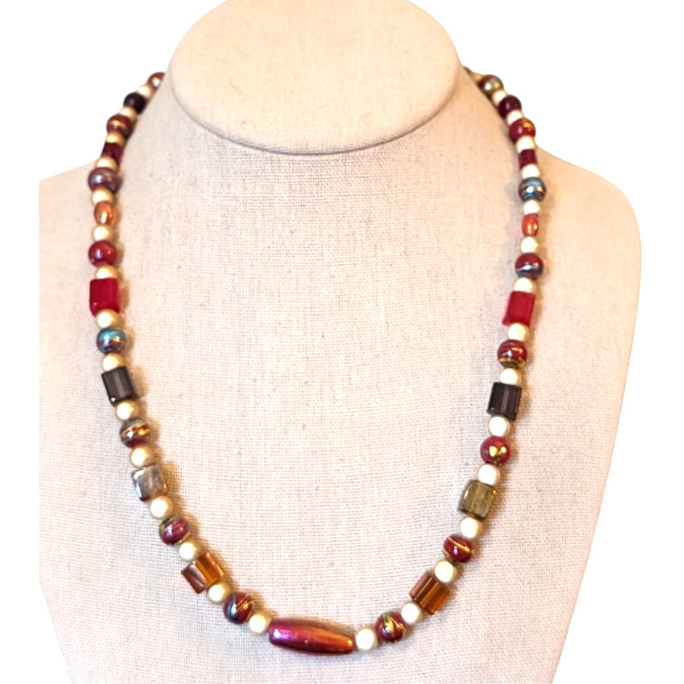 Vintage Metallic Drawbench, Square Lampwork, Art Glass 925 Clasp Bead Necklace