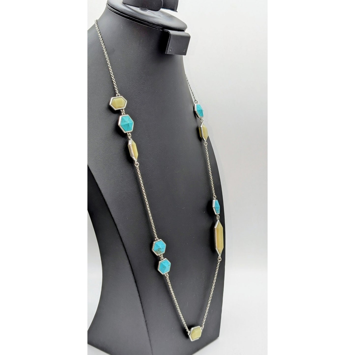 Lucky Brand NWT Blue & Green Bead Silver Tone Station 34"-36" Chain Necklace