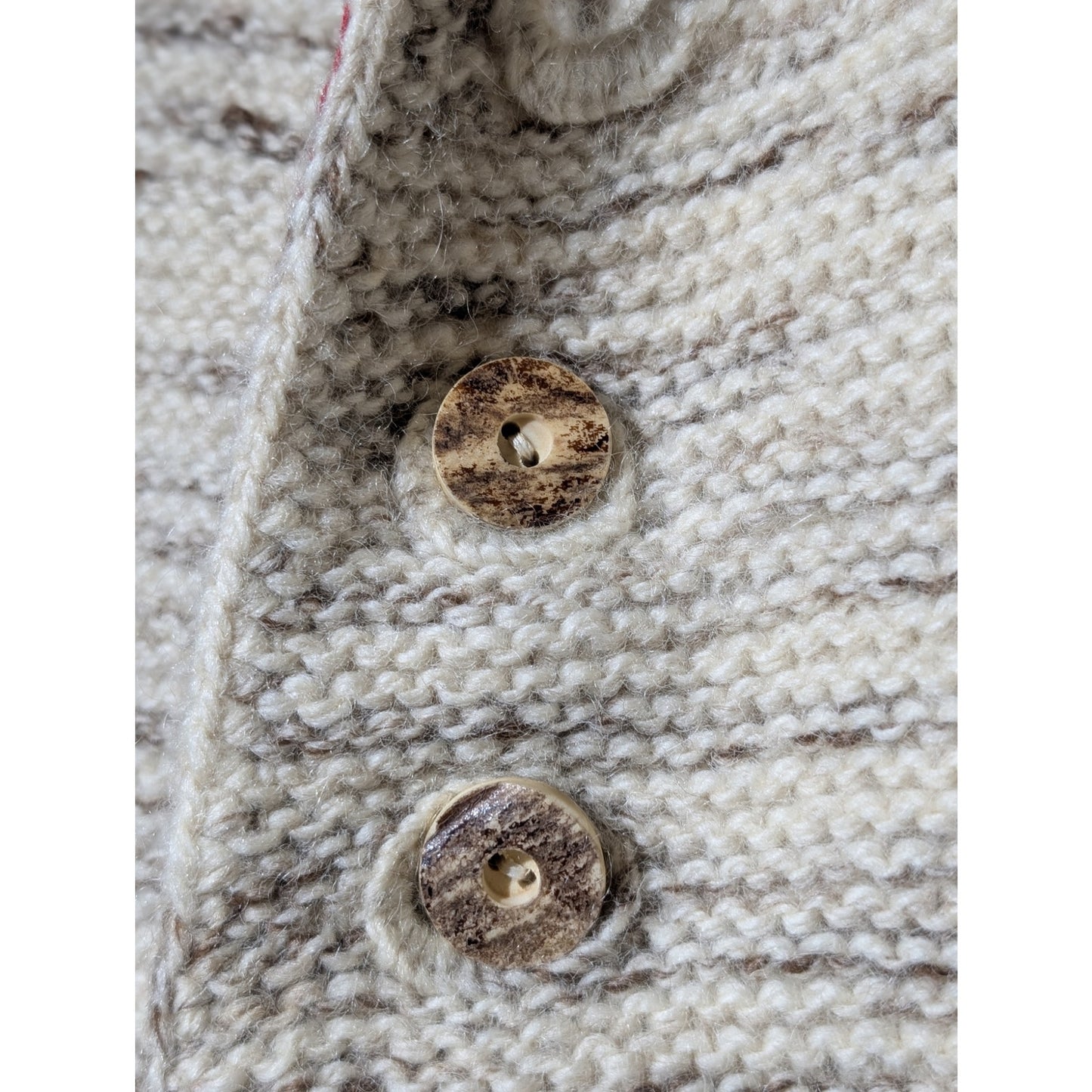 Vintage Hand Knit Cream Marled Swiss Ribbon Accents Button Cardigan Sz S/M