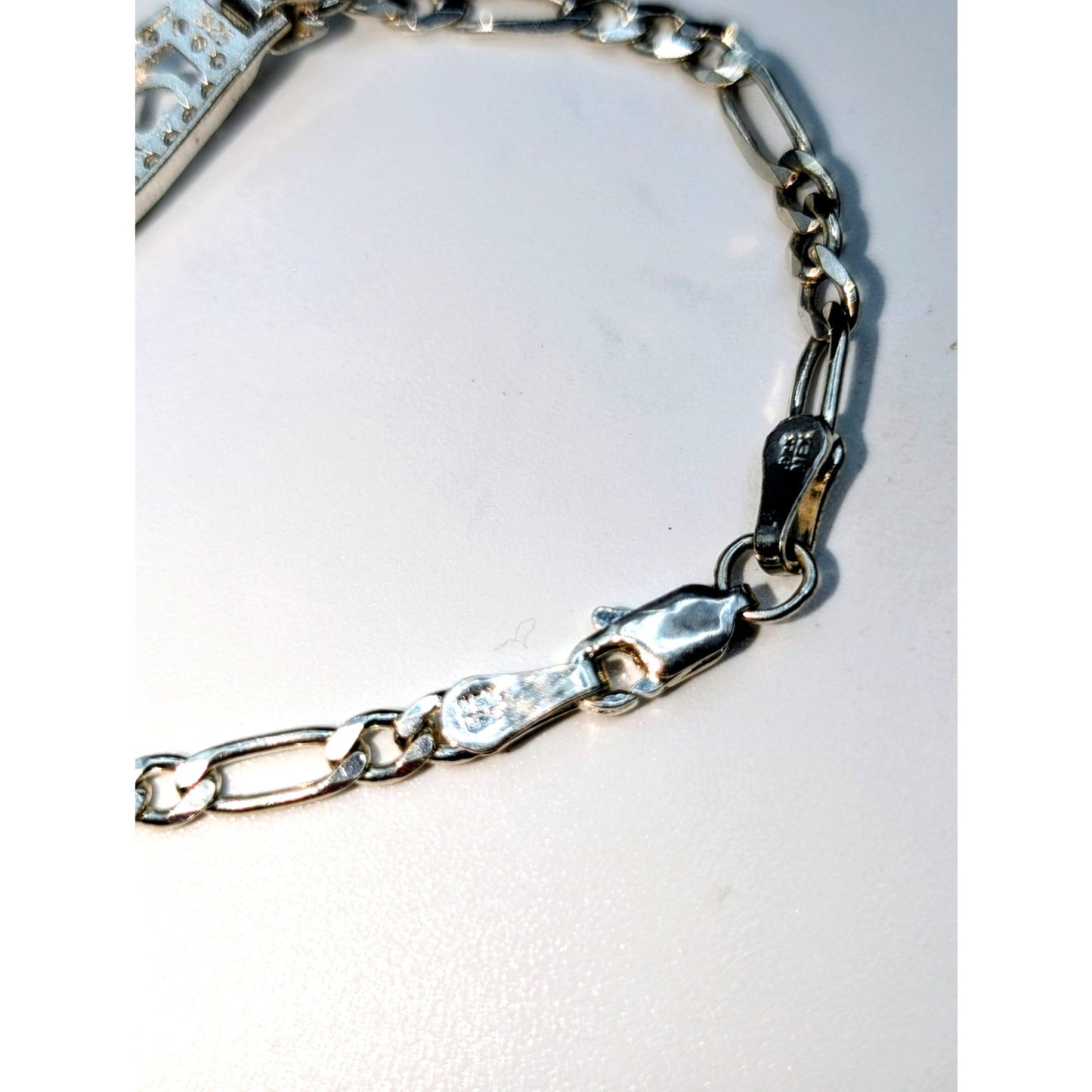 Green Glass Heart Rhinestone 925 Sterling Silver Figaro Chain Bracelet