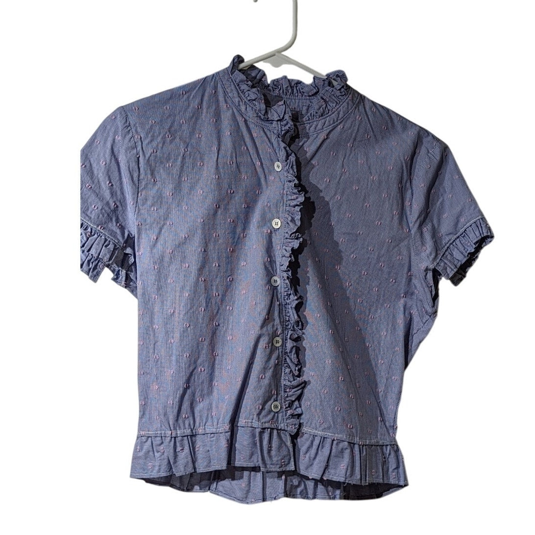 Court & Rowe Blue W/ Pink Dot Embroidered Ruffle Button Up Blouse Womens Sz S