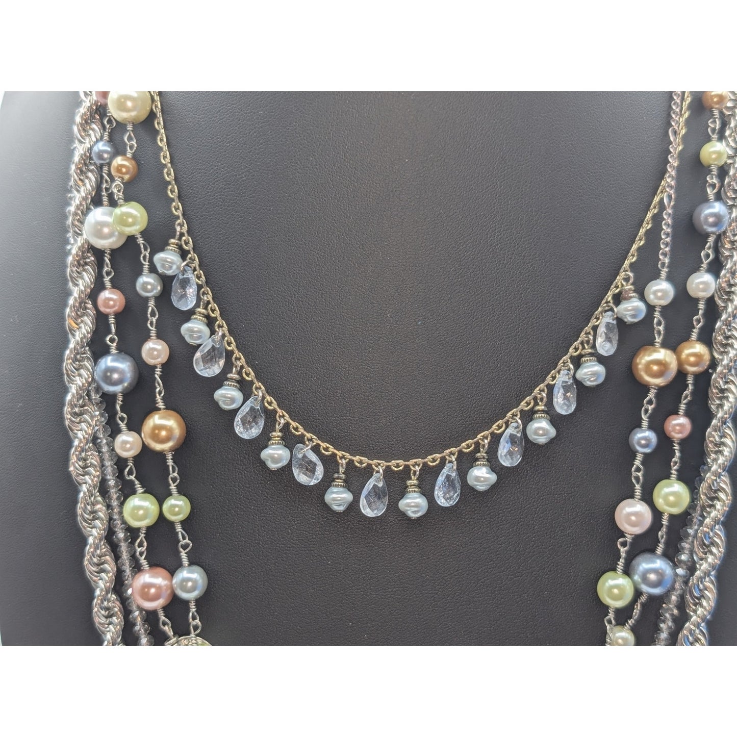 Lot of Four Faux Pearl Chain Crystal Silver Tone Necklaces