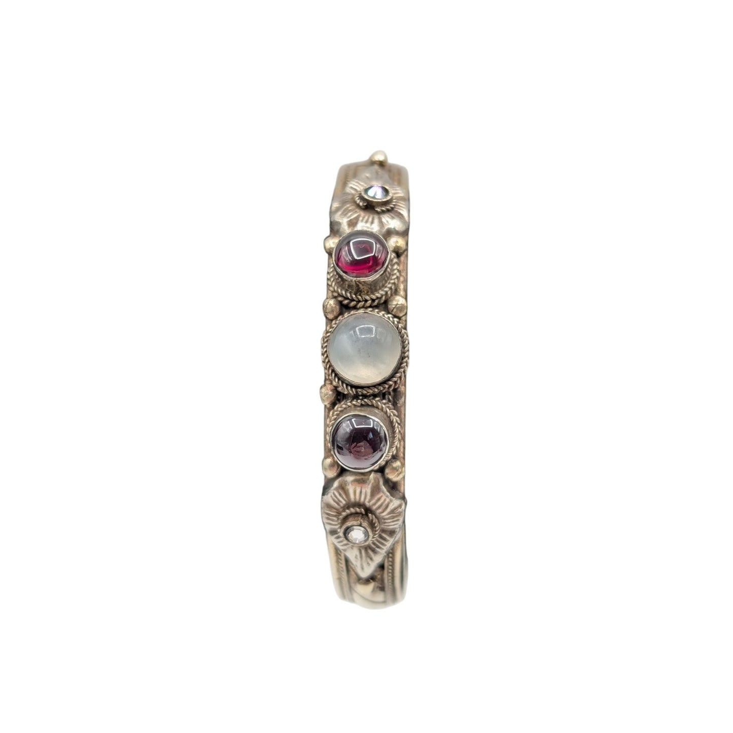 Vintage 70s Silver Metal Semi-Precious Stones India Cuff Bracelet