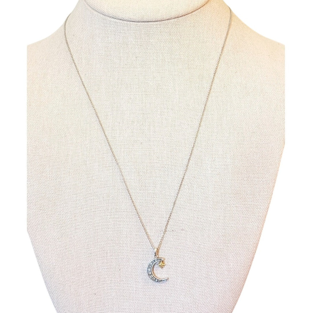 925 Sterling Silver Diamond Crescent Moon 10k Gold Star Pendant 20" Necklace