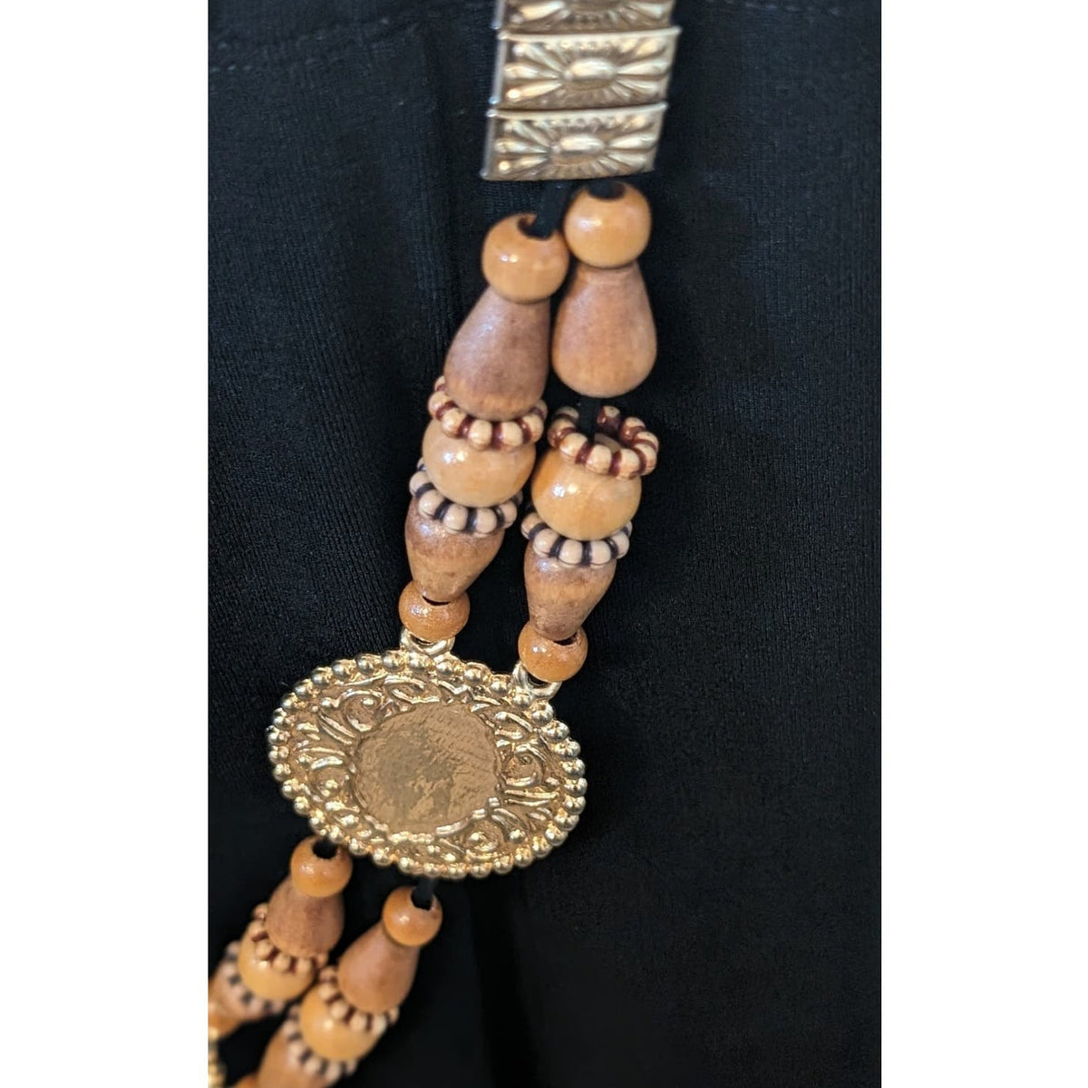 Vintage Wood Bead Metal Disk Chain Belt 27-42"