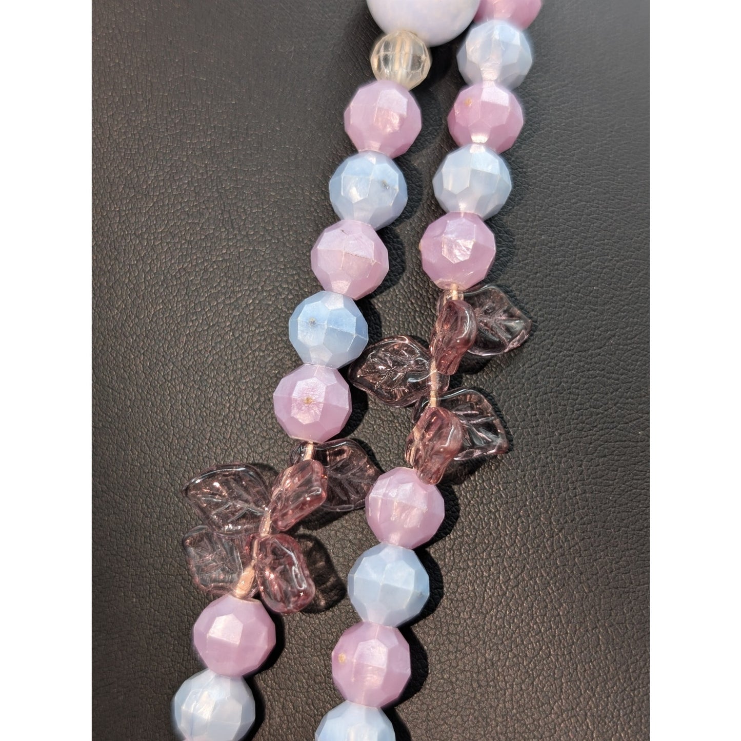 Vintage 60" Lavender Blue Acrylic & Glass & Leafy Beaded Necklace