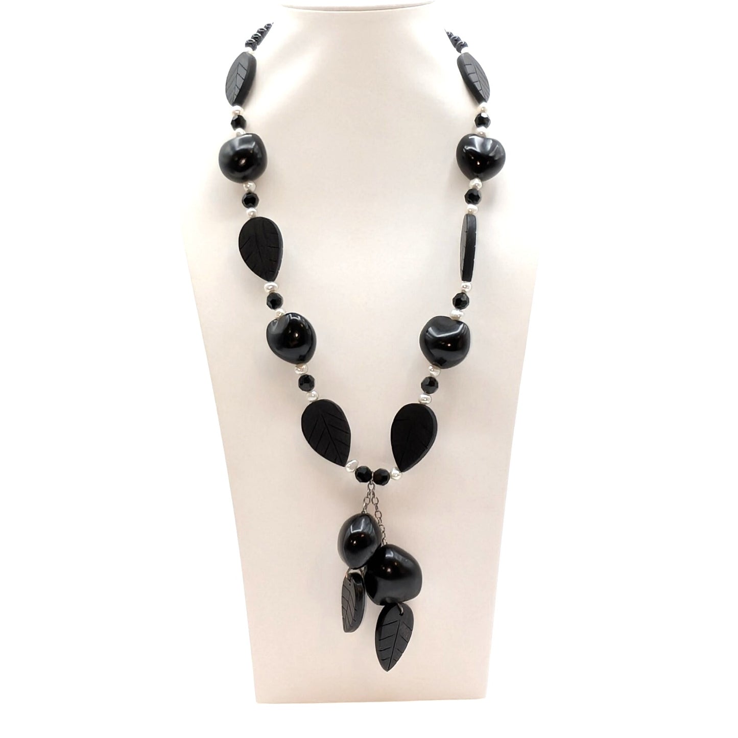 925 Sterling Pearl Black Carved Wood Leaf Tagua Nut Dangle Tassel Necklace