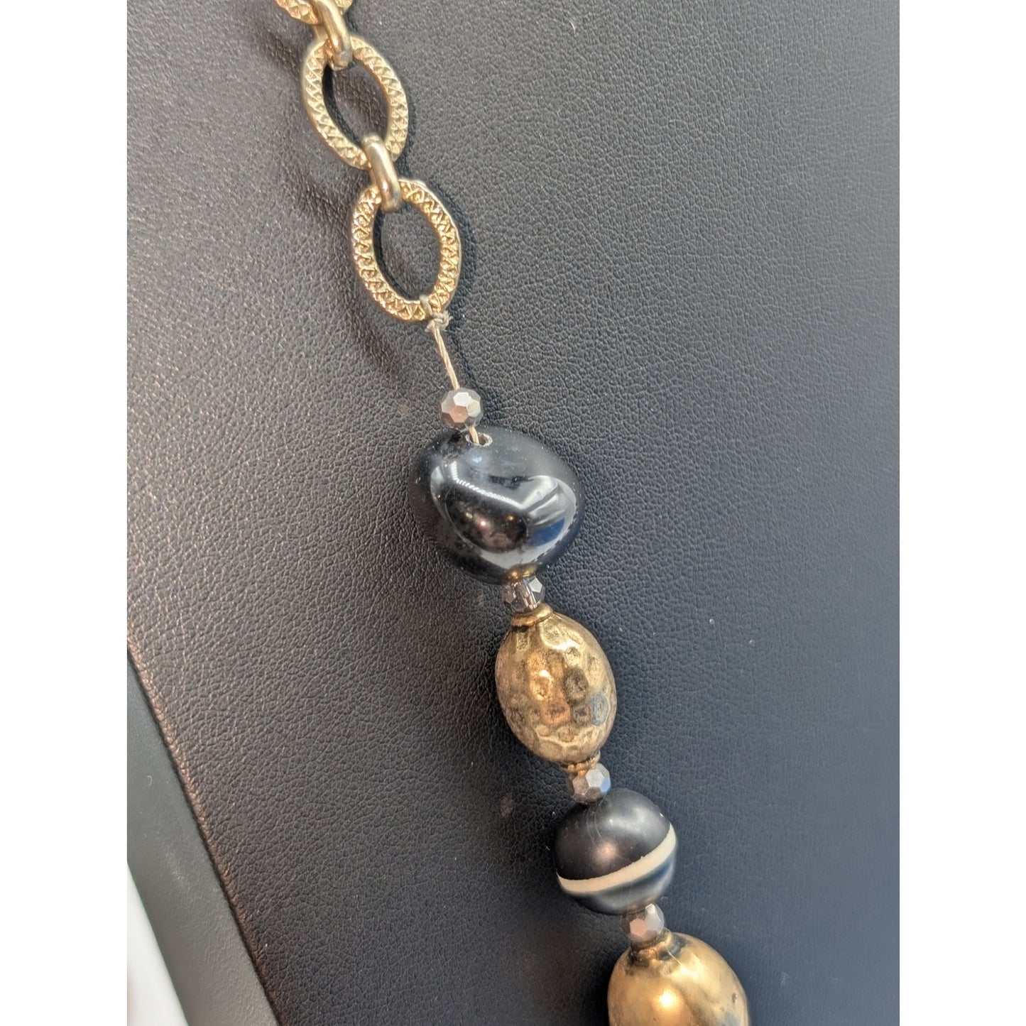 Chico's 35" Goldtone Black Gray Multi Bead Y Necklace