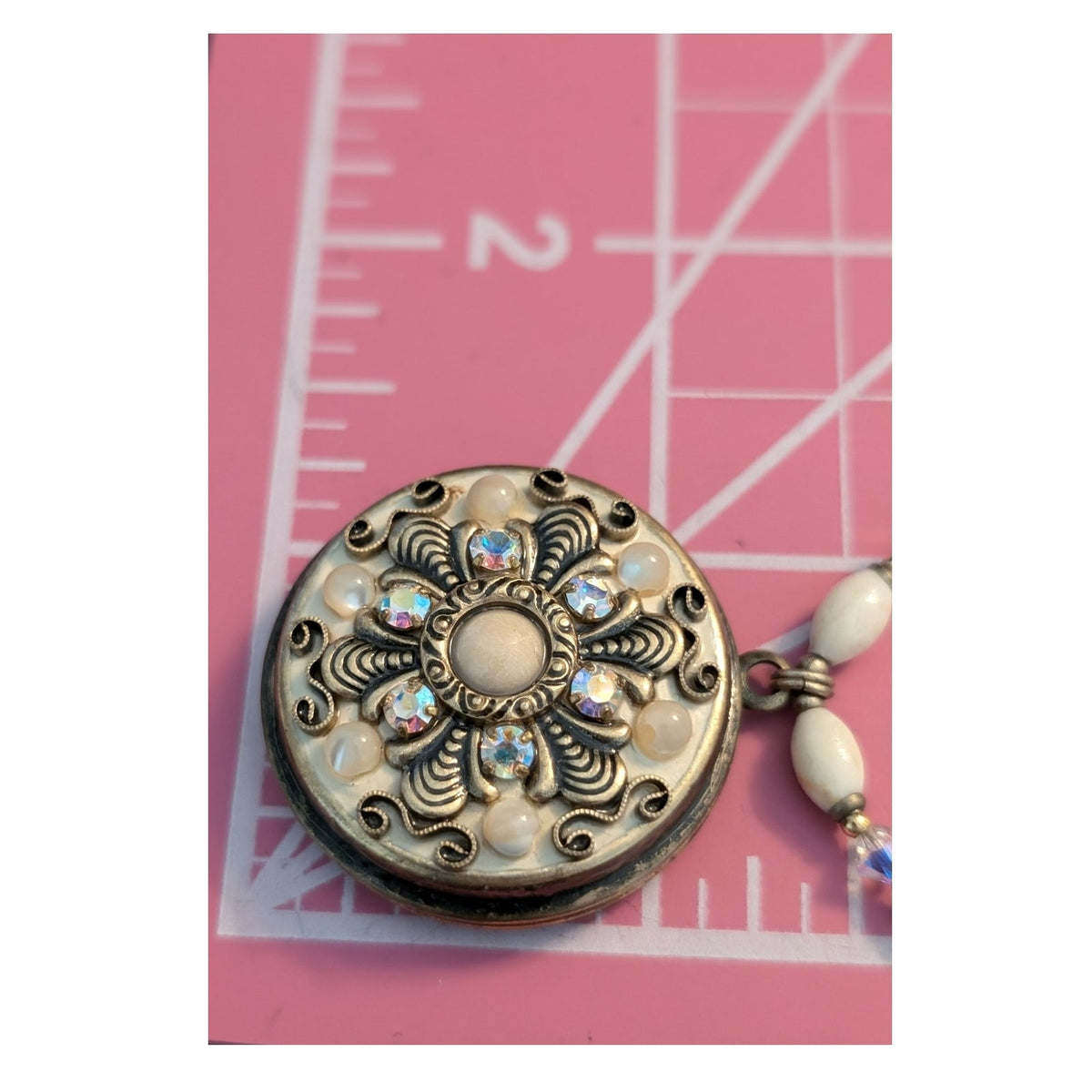 Signed Michal Golan Pearl Crystal Victorian Locket 18"-21.5" Necklace