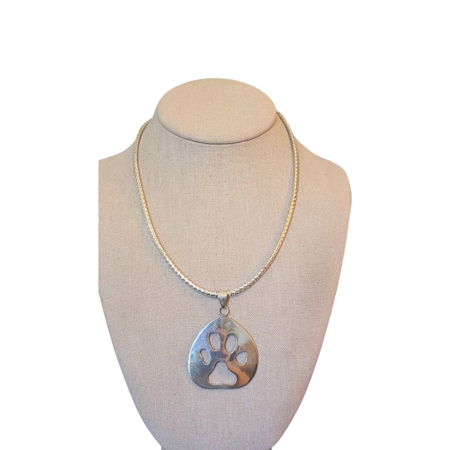 925 Sterling Paw Print Pendant on Woven 925 Silver Italy 16-18" Collar Necklace