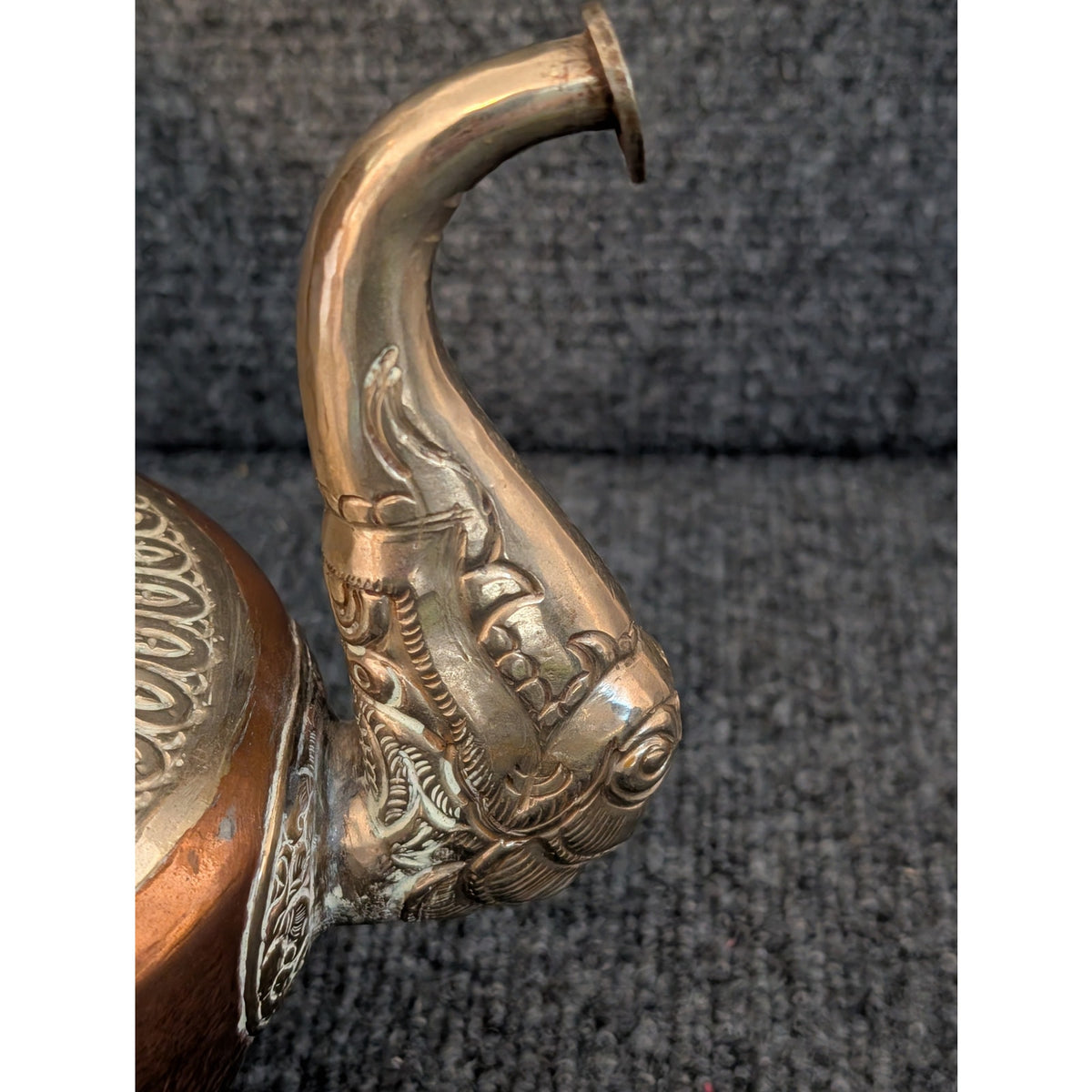 Antique 1900s Tibetan Dragon Tea Pot Ewer Copper With Silver Repose Decoration