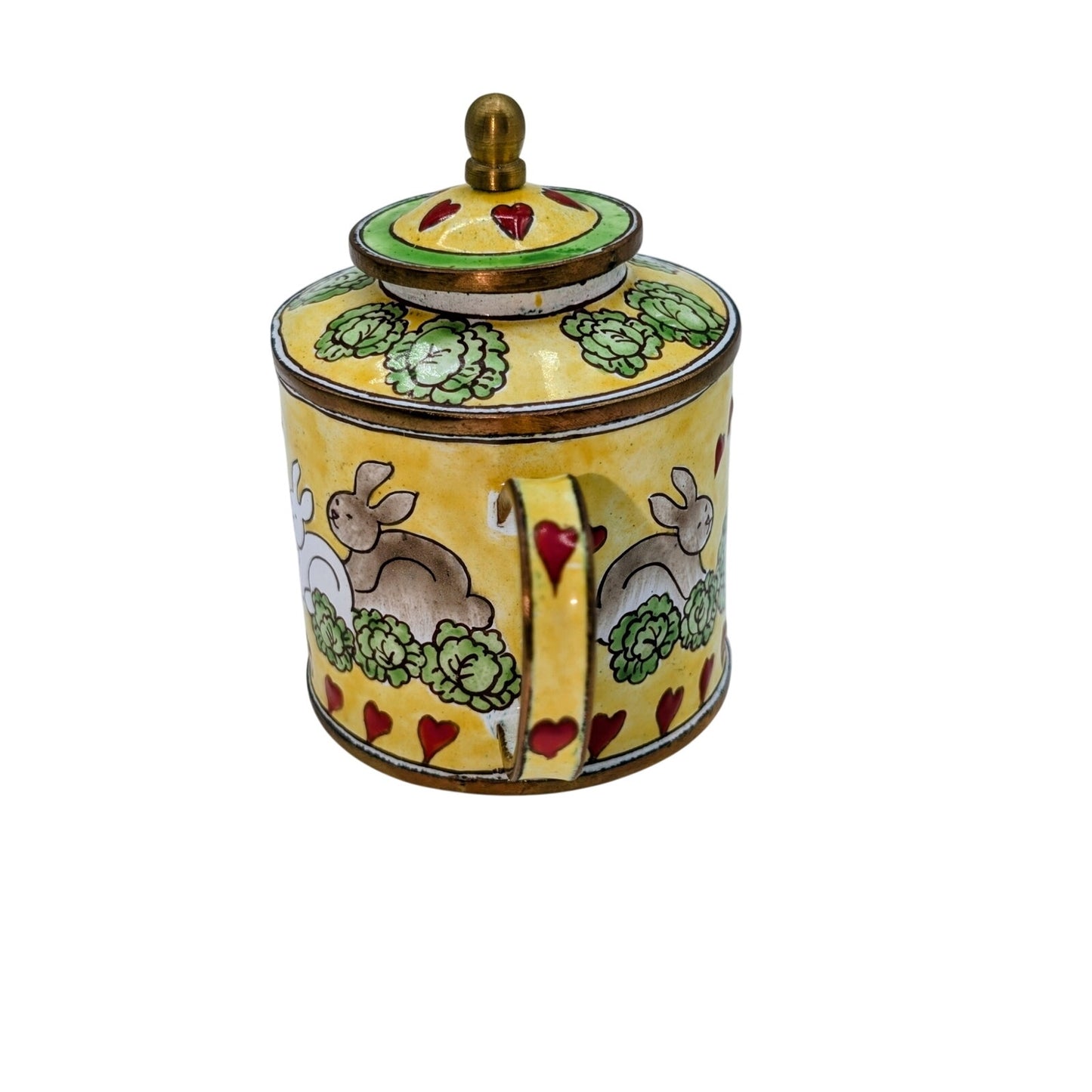 Bunnies In Love Unsigned Except for Number on Handle Enamel Collectible Teapot