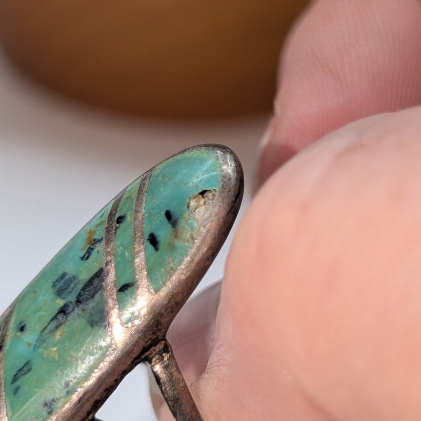 Vintage Sterling Silver Inlay Greenish Long Oval Chipped Stone Ring Size 5.5