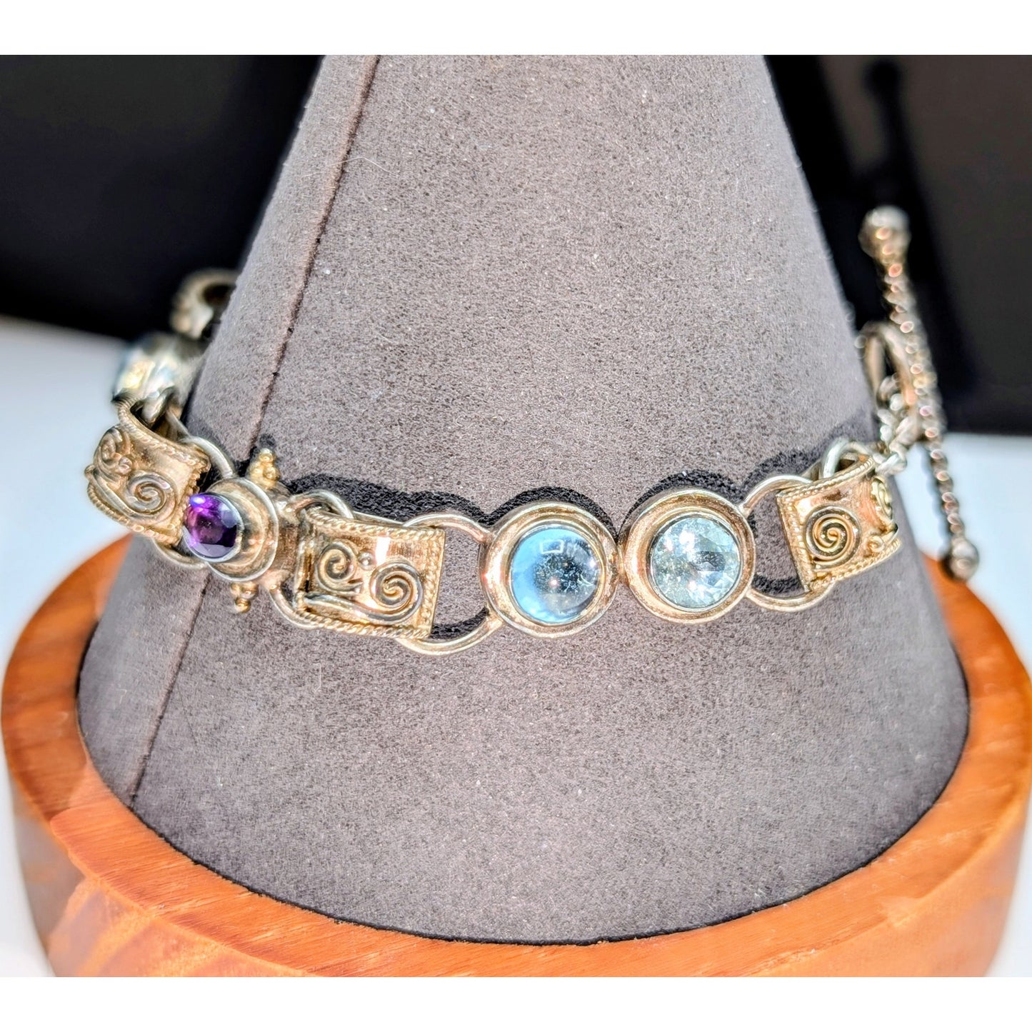 Vtg 925 Sterling Silver Blue & Purple Gemstone Etruscan Design Toggle Bracelet