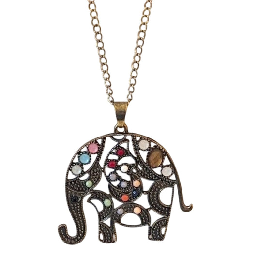 Vintage Avon Antique Gold Tone Metal Elephant Pendant Necklace