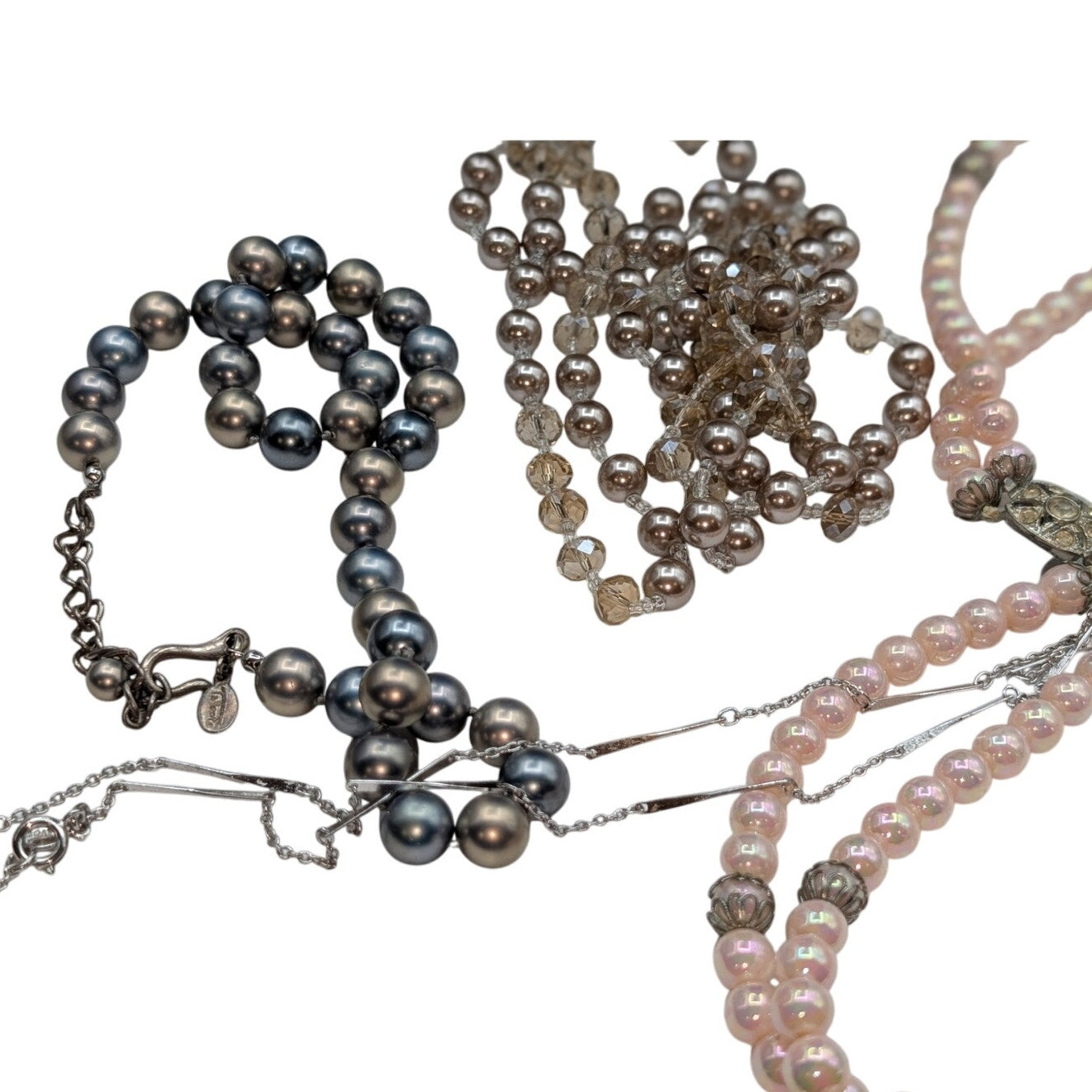 Lot of Five Vintage to Modern Silver Tone Pink & Gray Faux Pearl Necklaces