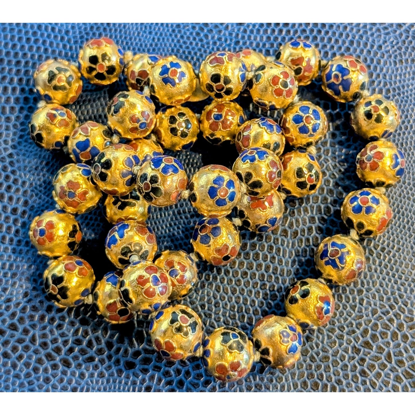 Antique Chinese Cloisonne Multi-Color Enamel Hand Knotted 14mm Bead Necklace