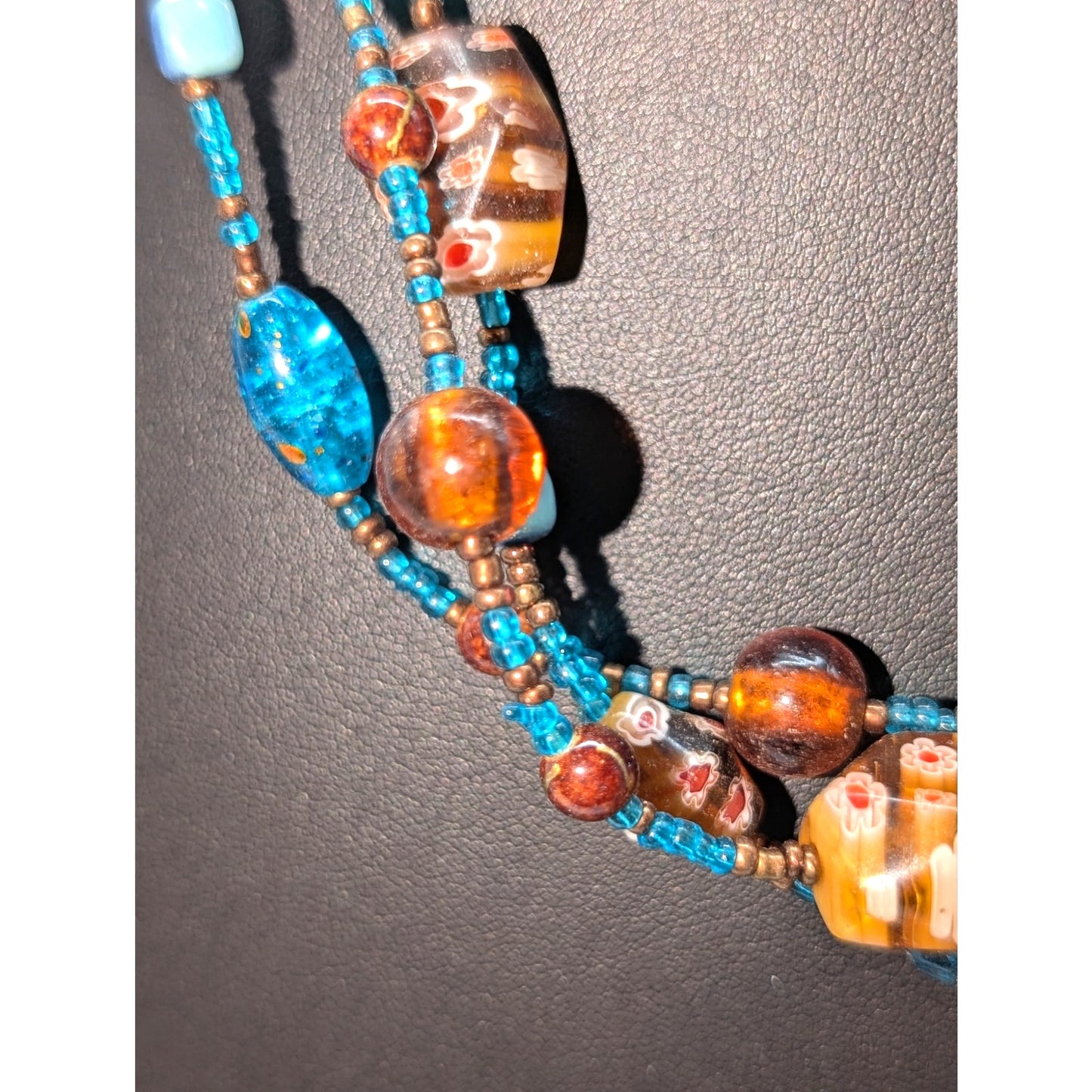 Millefiori Glass Lampwork Aqua Brown Bead Multi-Strand 17"-21" Necklace