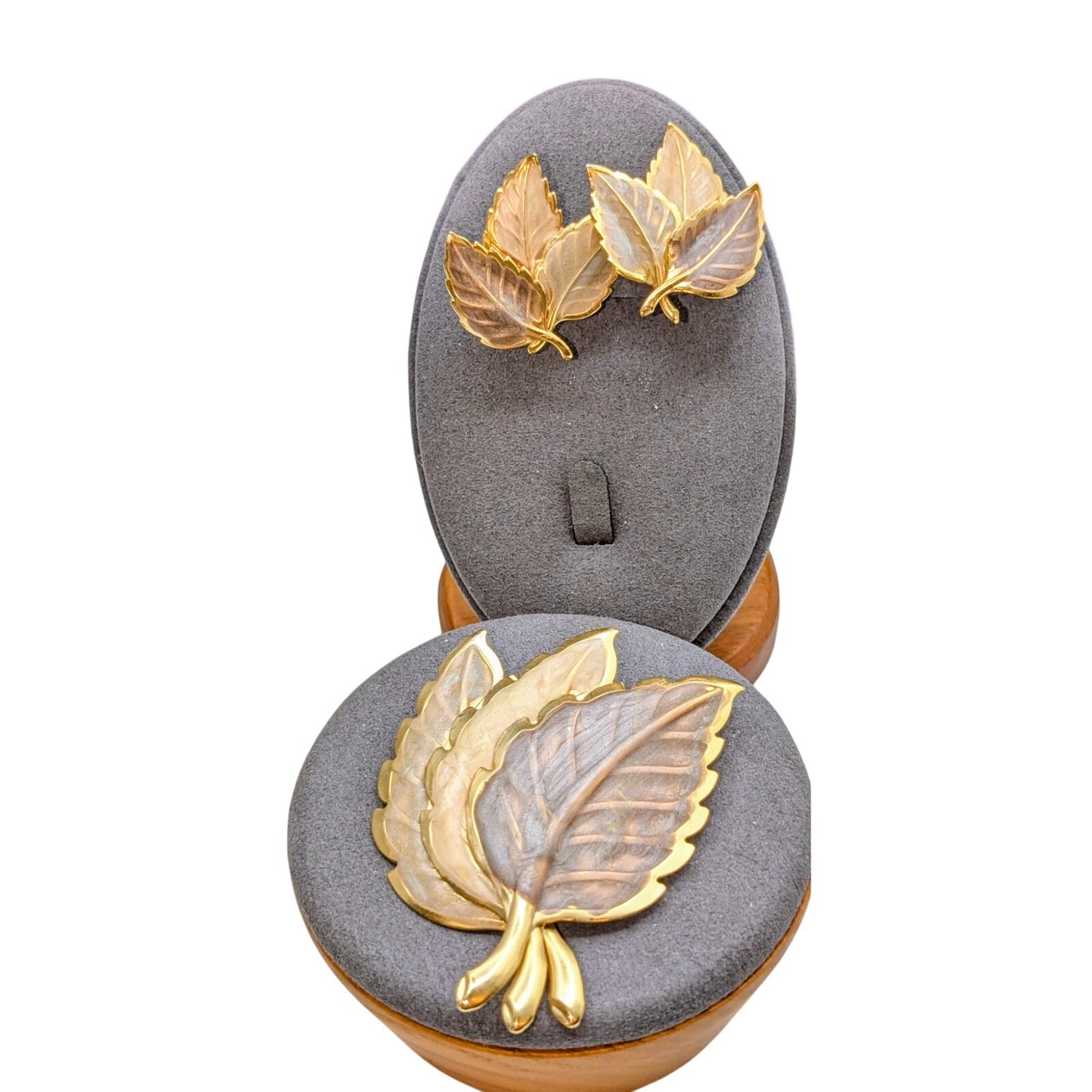 Gold Tone Metal & Neutral Painted Autumn Leaves Brooch & Pierced Earring Set