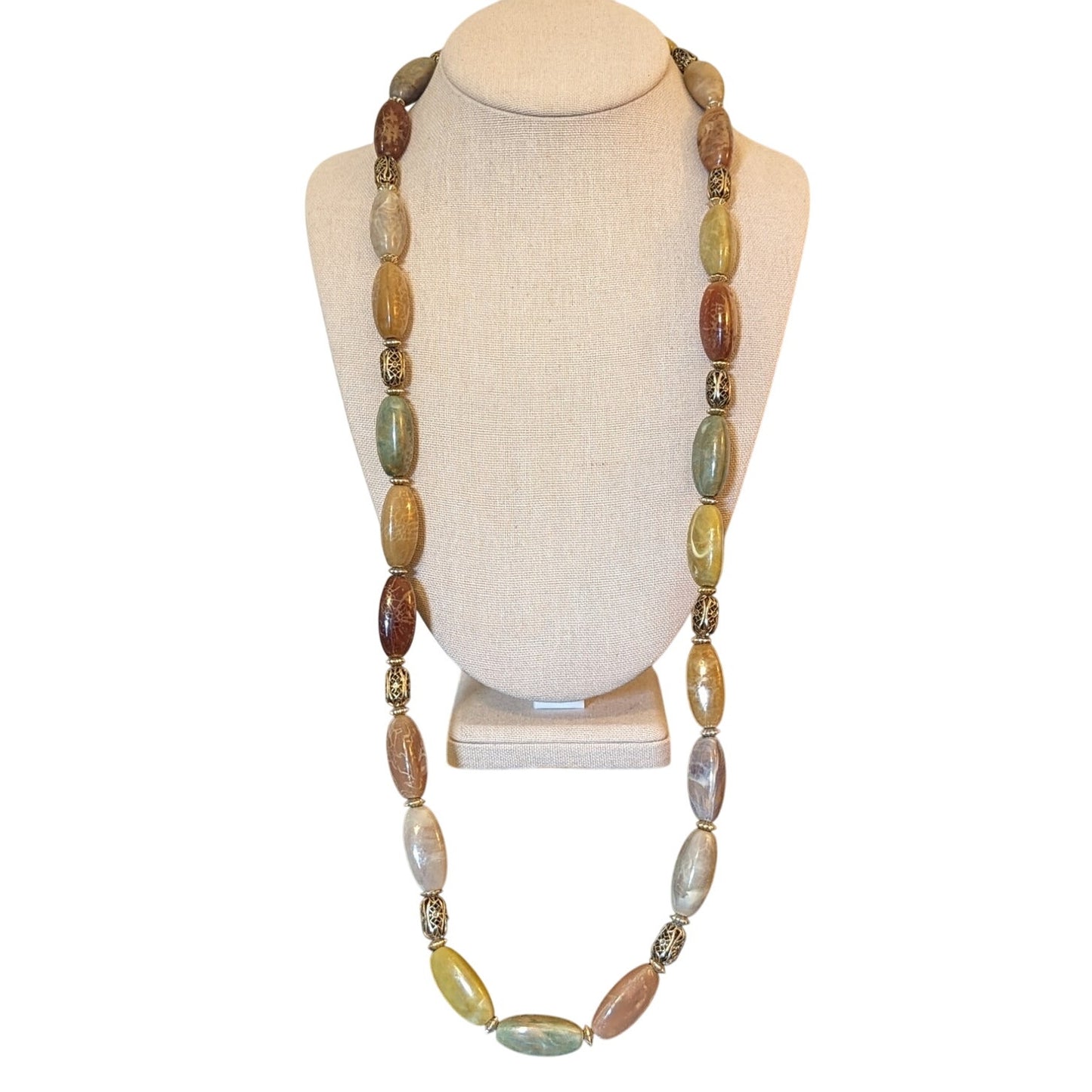 Vintage Earthtone Elongated Acrylic Bead Filigree Spacer Bead 34" Necklace