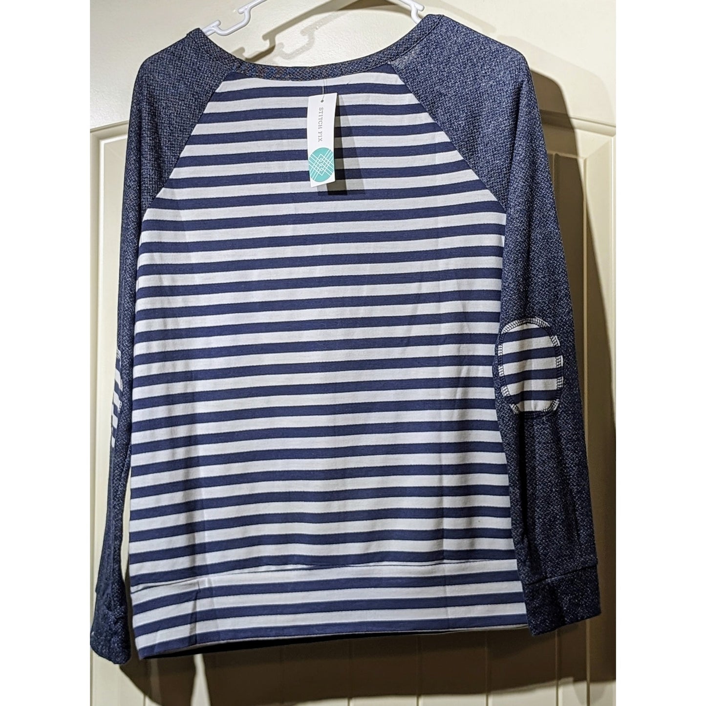 Loveappella Malbec Elbow Patch Blue Striped Knit Top Womens Sz M