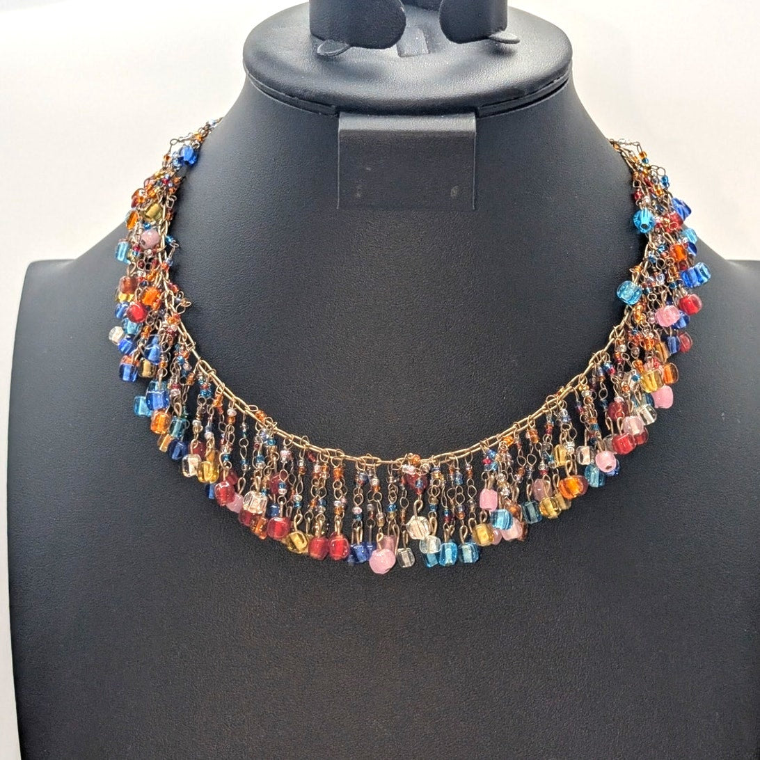 VTG Signed 'ZAD Murano Glass Style Cube Rainbow Beaded Fringe Collar Necklace