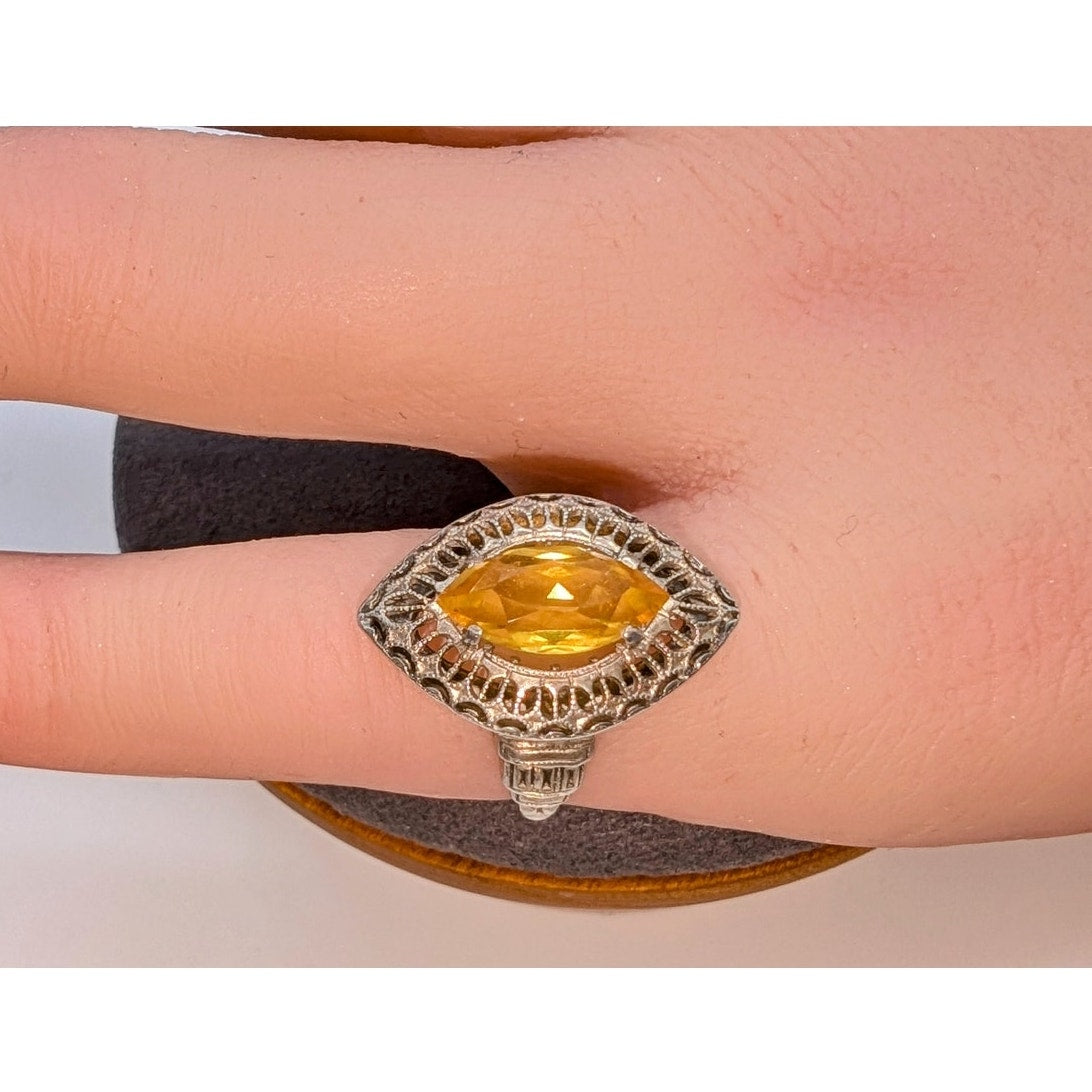 VTG Art Deco Marked Sterling PSC Tests as Yellow Sapphire Filigree Ring Sz 4.75