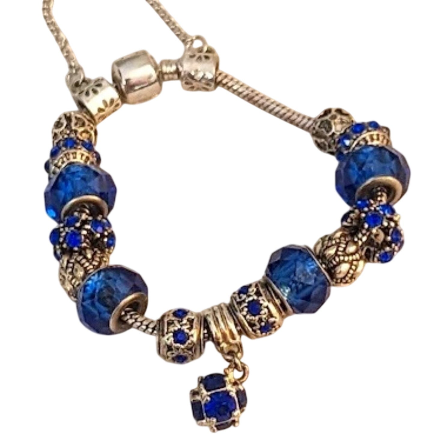 Charm Bracelet With Blue Crystal Beads in Silver Tone Metal with Safety Chain