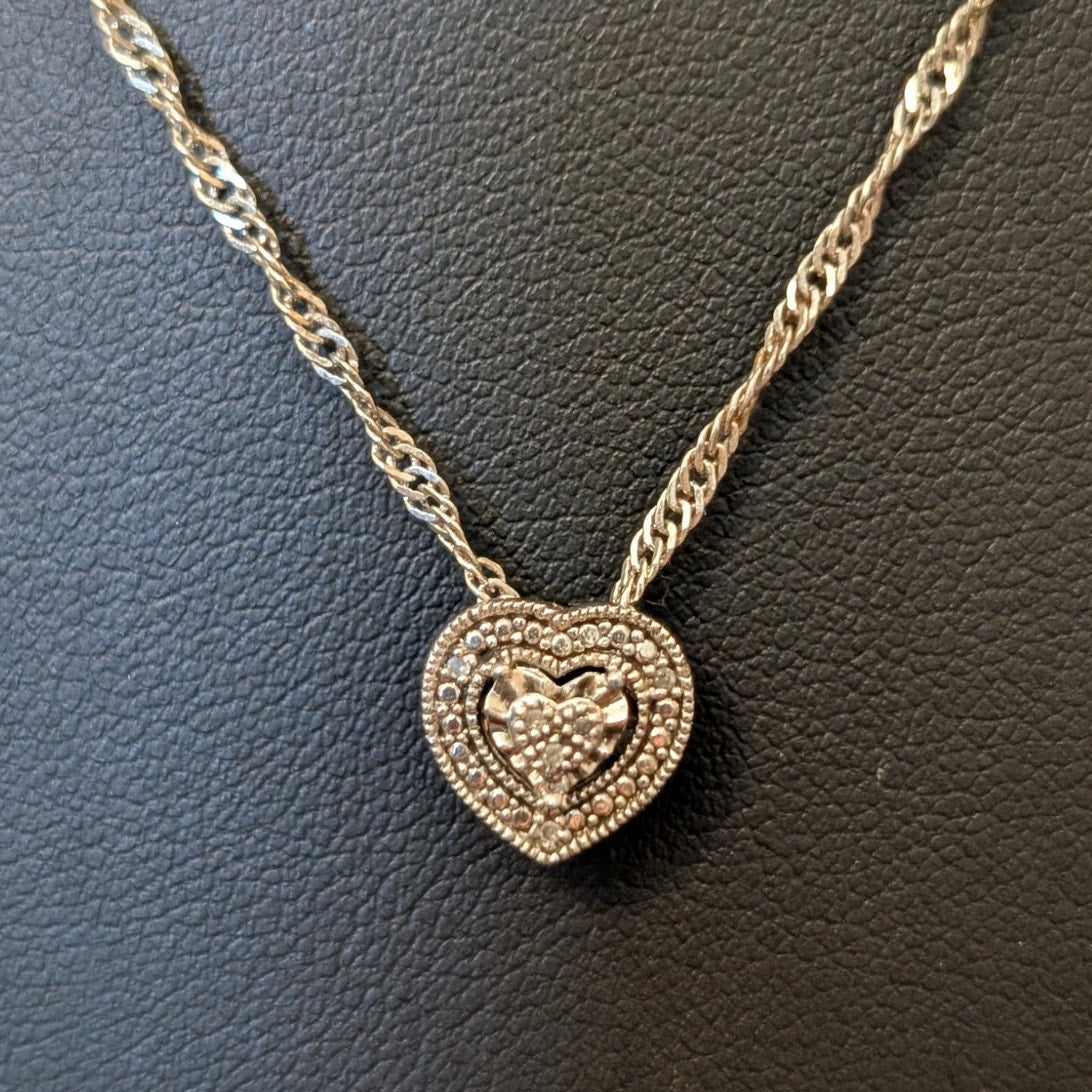 VTG 925 Sterling Silver Diamond Heart Pendant Fancy Sterling 18" Chain Necklace