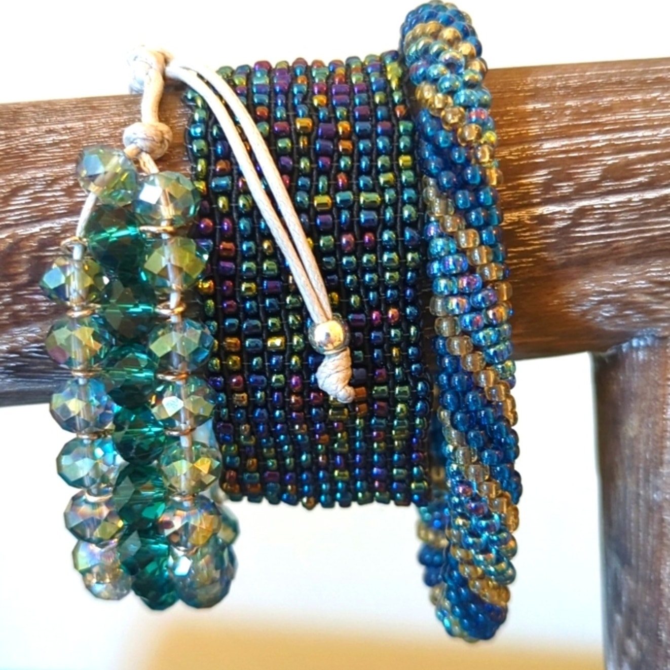 Lot of Three Blue/Green Glass/Crystal Bead Bracelets