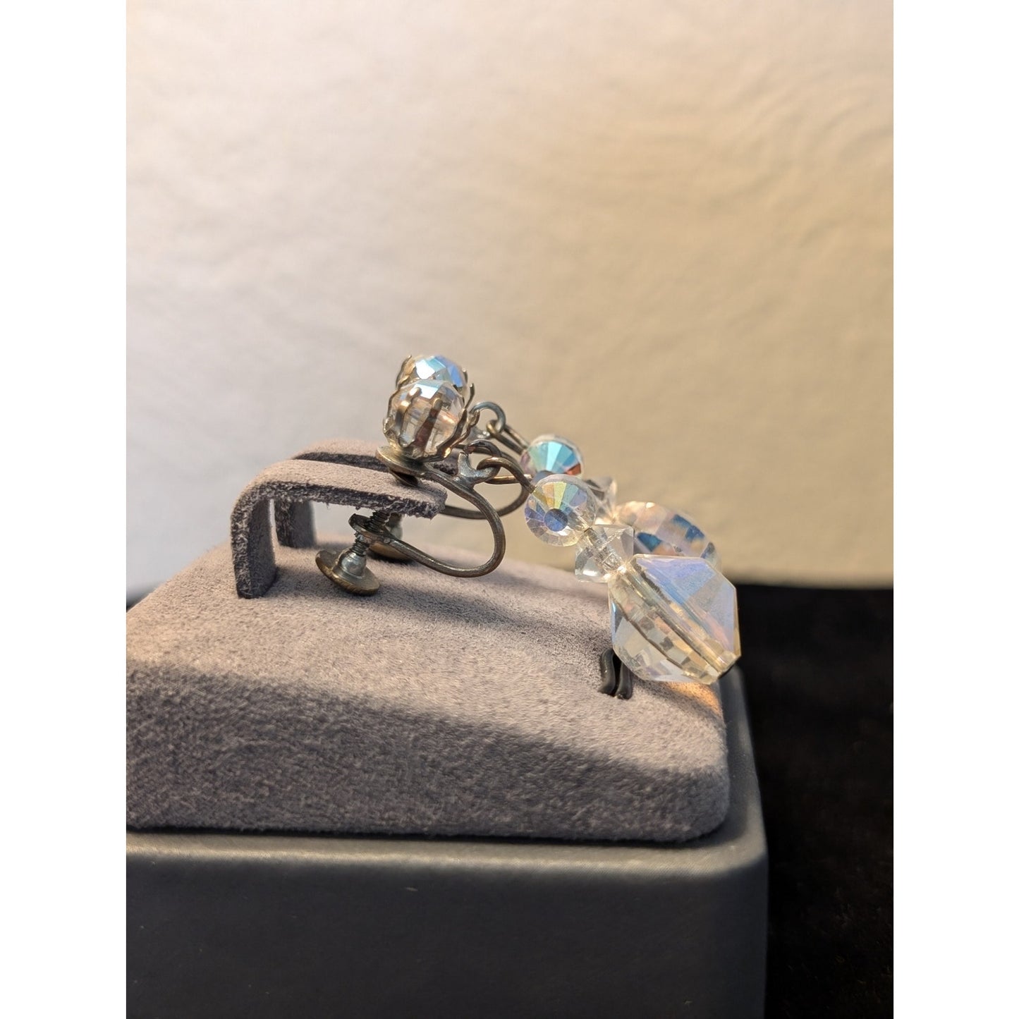 Unique Vintage Aurora Borealis AB Crystal Dangle Screw Back Earrings