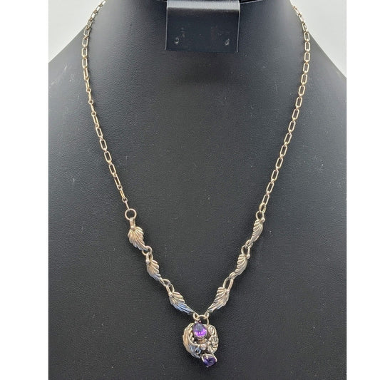Vintage 925 Sterling Silver Purple Gemstone Leaf Flower Design 20" Necklace