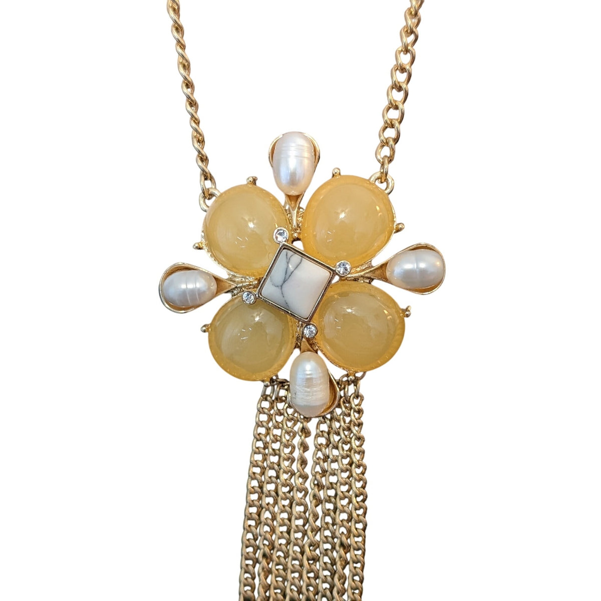 Yellow Gumdrop Pearl Gold Tone Tassel Statement Necklace