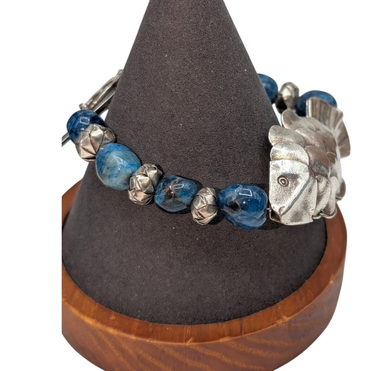 SS 925 Laura Stamped 7.5" Artisan Fish Bracelet w/Blue Accents & Toggle Clasp