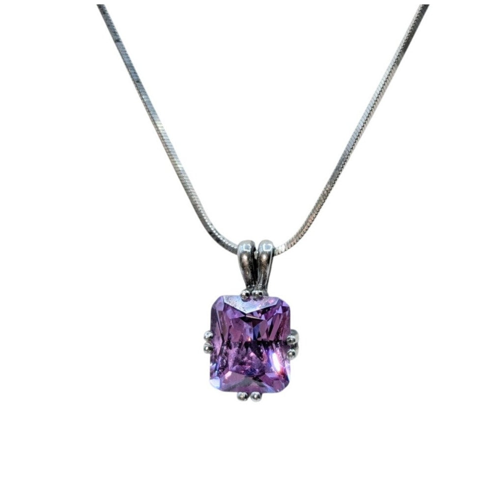 925 Sterling Silver Square Herringbone 20" Chain Lavender CZ Pendant Necklace