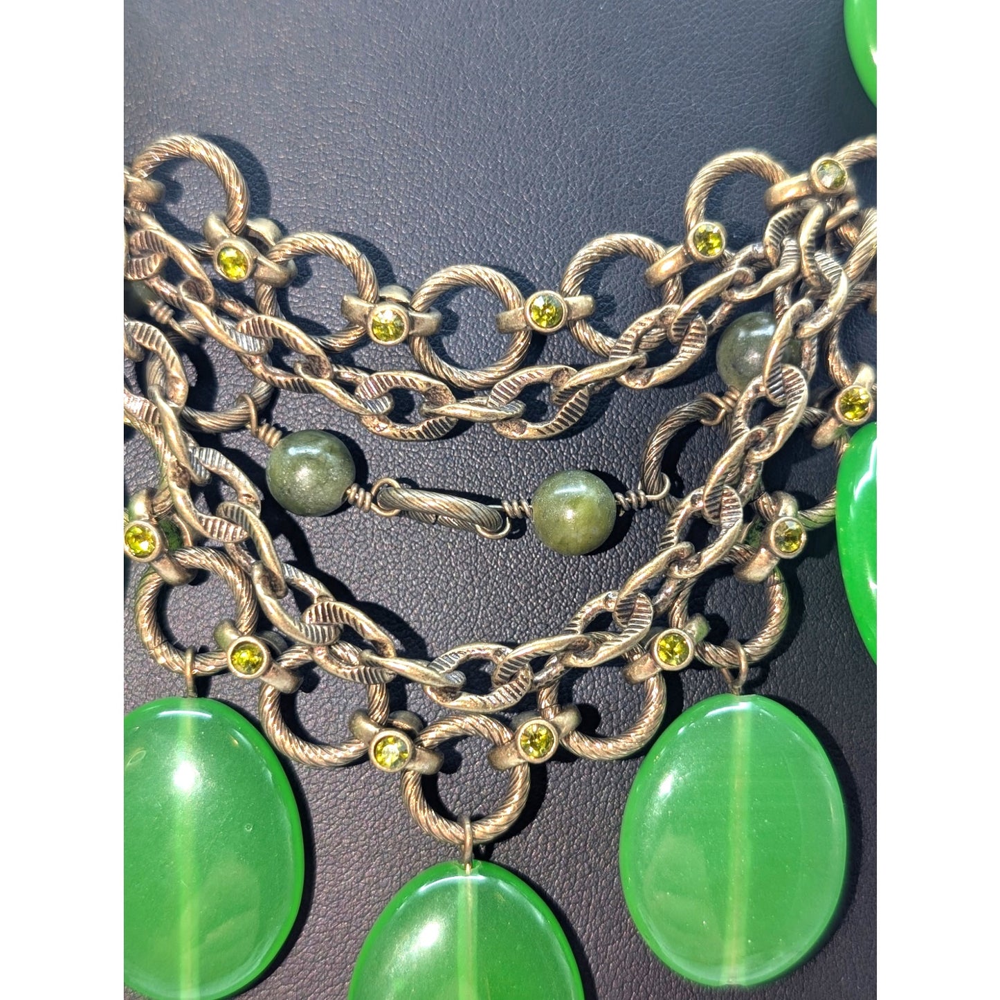 Vintage 80s Marked Kiam Family Glass Brass Rhinestone Stone Necklace