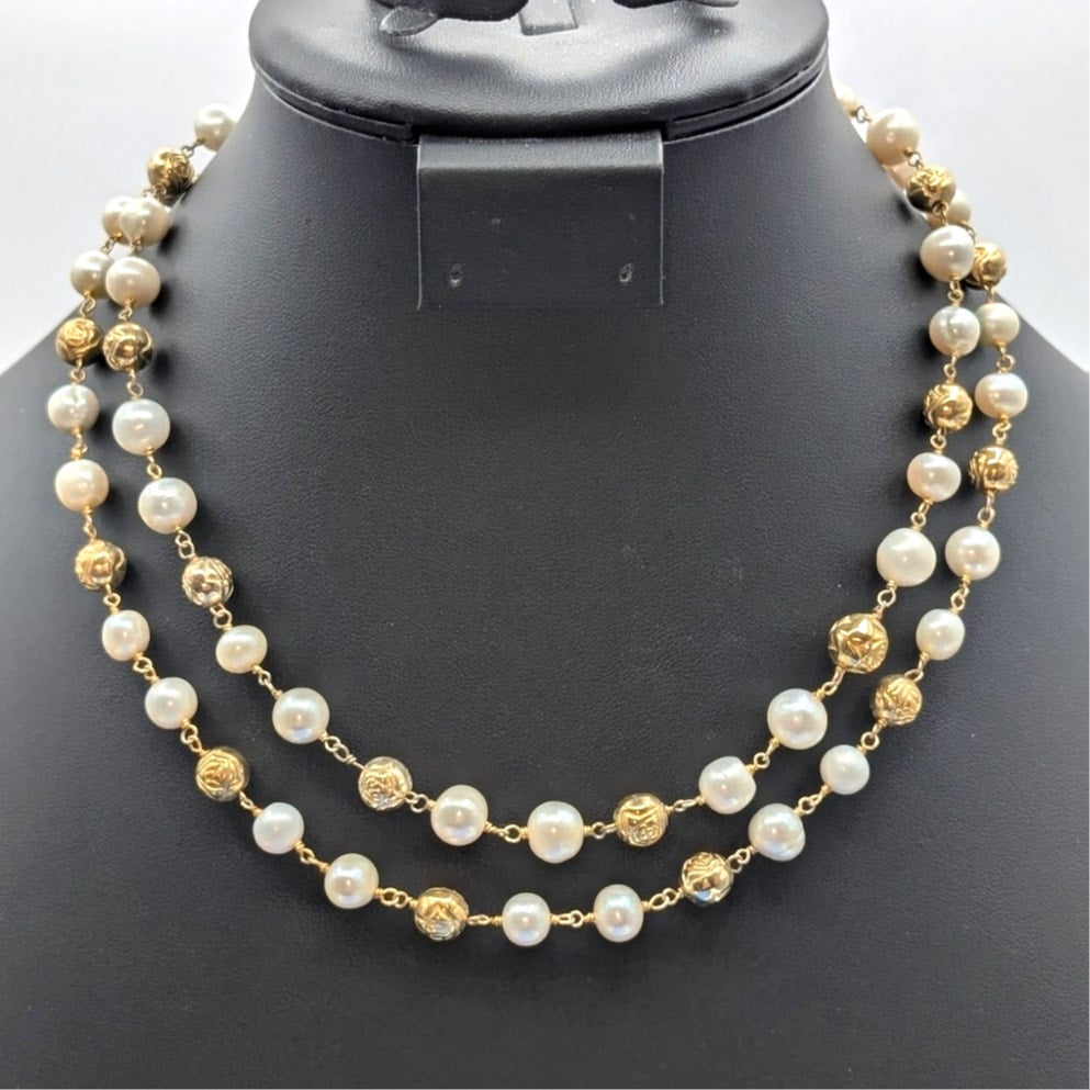 Vintage Gold Tone Rose Embossed Bead Genuine Pearl Double Strand Necklace