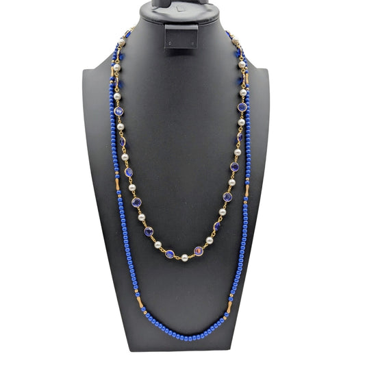 Lot of Two Vintage Blue Gold Tone Long Necklaces