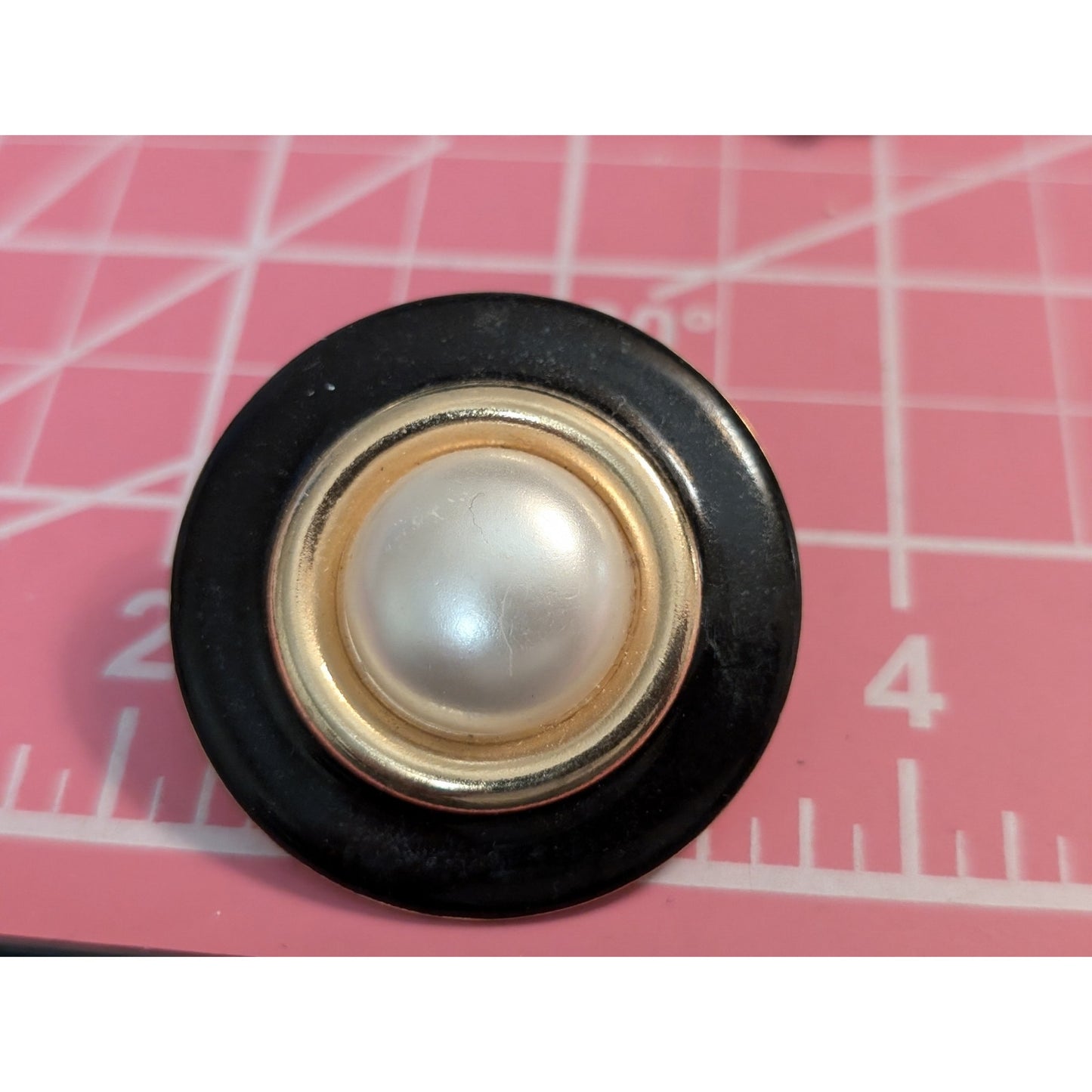 Vintage 80s Large Black Enamel Gold Tone Faux Mabe Pearl Button Pierced Earrings