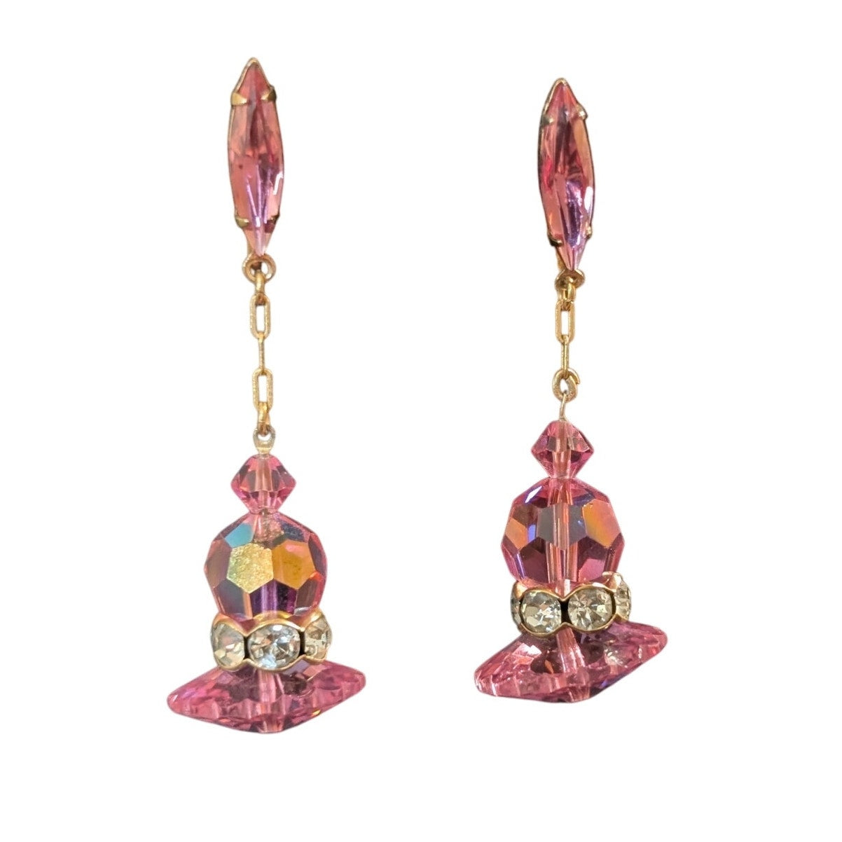 Vintage Pink AB Faceted Crystal Rhinestone Gold Tone Dangle Ear Clips