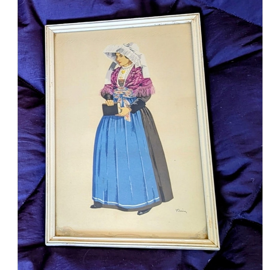 Four 10" x 6.5" Cream Wood Frame Antique/Vtg Signed Fashion Prints Under Glass