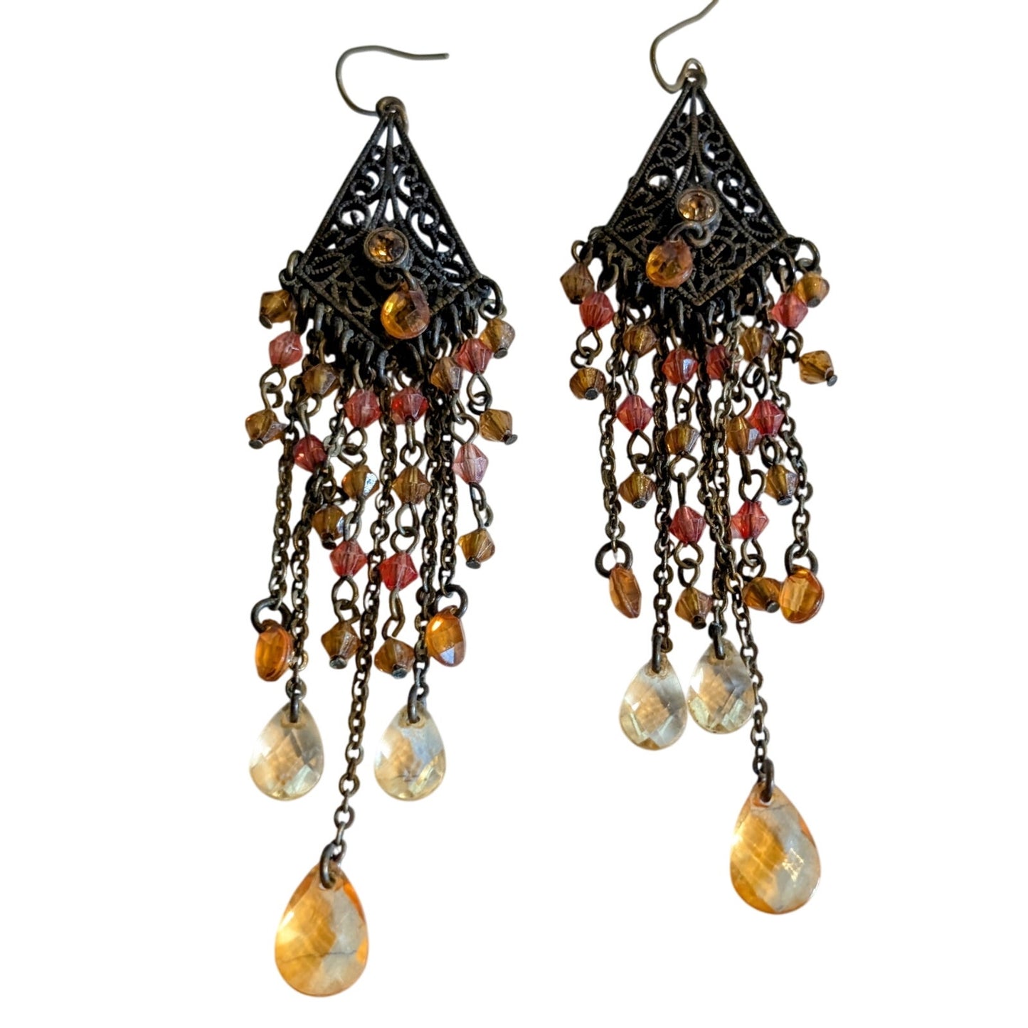 VTG Antiqued Chandelier Amber Color Filigree Crystal Chain Dangle Wire Earrings