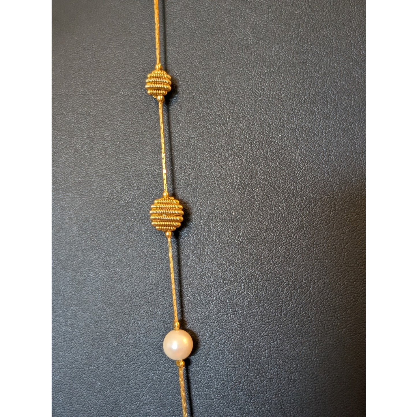 Vtg Trifari Gold Tone Coiled Wire Bead & Faux Pearl Station Long Chain Necklace
