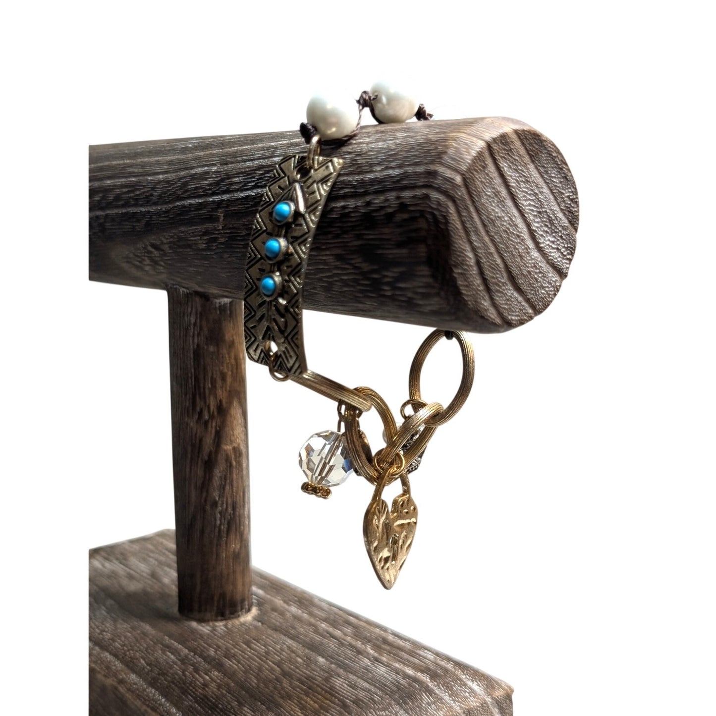 Faux Turquoise Pearl Textured Gold Tone Oval Links & Charms Bracelet
