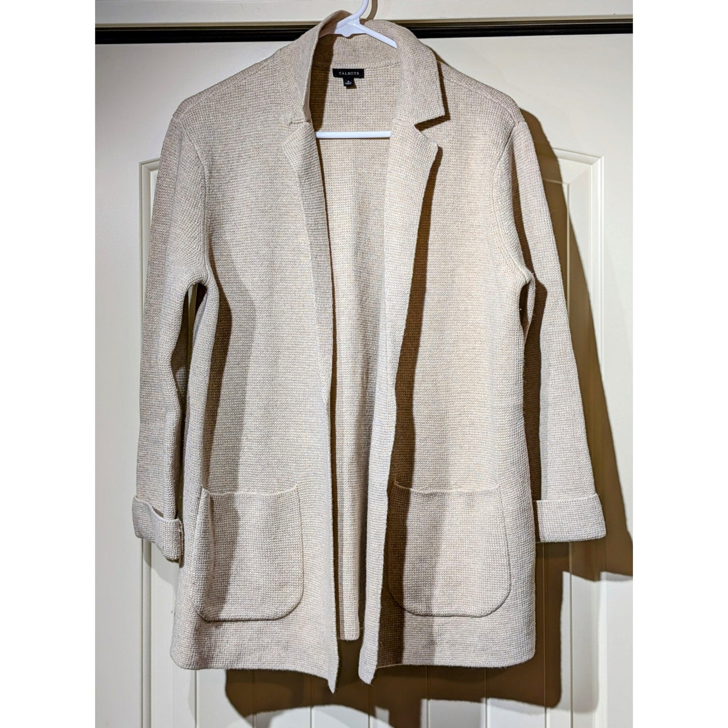 Talbot's Oatmeal Wool Blend Pocket Open Front Sweater Blazer Womens Sz S